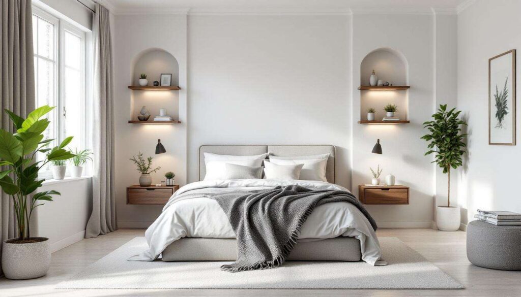Camera da letto senza comodini: le mensole sospese e le nicchie in cartongesso che li sostituiscono