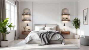 Camera da letto senza comodini: le mensole sospese e le nicchie in cartongesso che li sostituiscono