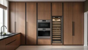 Colonne operative con porte a scomparsa: il forno e la cantinetta vini spariscono dietro una boiserie