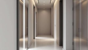 Specchi a tutta altezza: il trucco ottico che raddoppia visivamente lo spazio di un ingresso stretto