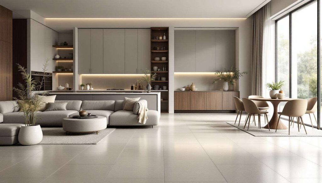 Pavimento continuo senza giunti dal soggiorno alla cucina: il segreto è il gres rettificato di grande formato