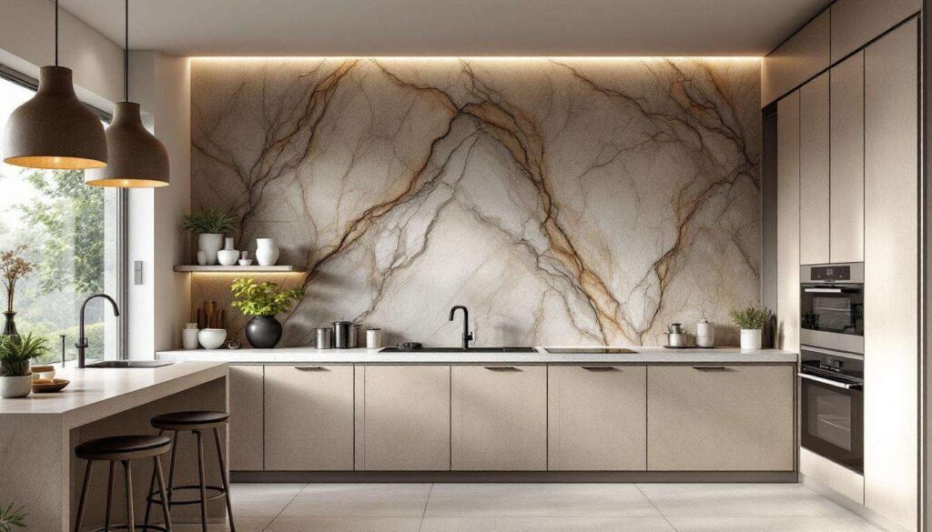 Piani in pietra scenografica che salgono sulla parete: il backsplash monolitico conquista le cucine italiane