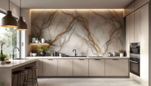 Piani in pietra scenografica che salgono sulla parete: il backsplash monolitico conquista le cucine italiane